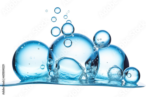 A group of bubbles floating on top of water. White background and copy space. Generative ai