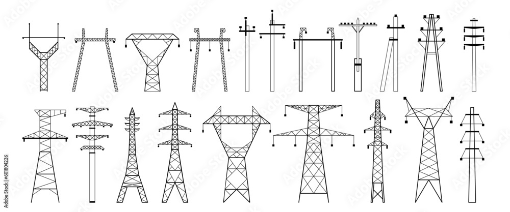Electric pylon silhouette. High voltage electric line, power transmission pole types and energy network towers vector illustration set