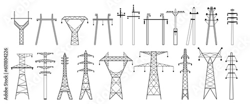 Electric pylon silhouette. High voltage electric line, power transmission pole types and energy network towers vector illustration set
