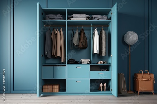 Contemporary and Tidy Residential Storage: Modern Walk-in Closet Cabinet in Warm Blue and Wooden Shelfs: Generative AI