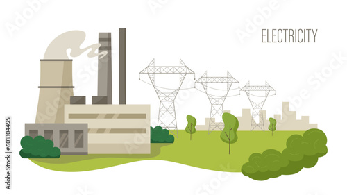 Fototapeta Naklejka Na Ścianę i Meble -  Electric power transmission to city. High voltage power lines pylons supplies electricity from power plant to town buildings vector illustration