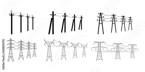 Energy distribution towers. High voltage power lines, utility pylons with electrical cable and powerline wires poles vector illustration set