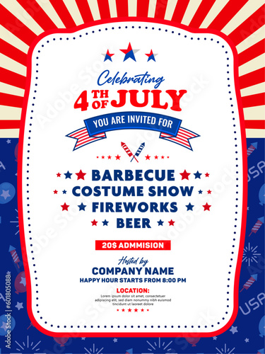 4th of july invitation, poster, banner, flyer, banner template with list of sample evening show lists. Decoration with usa star, pattern, firework, etc. Vector A4 design. 
