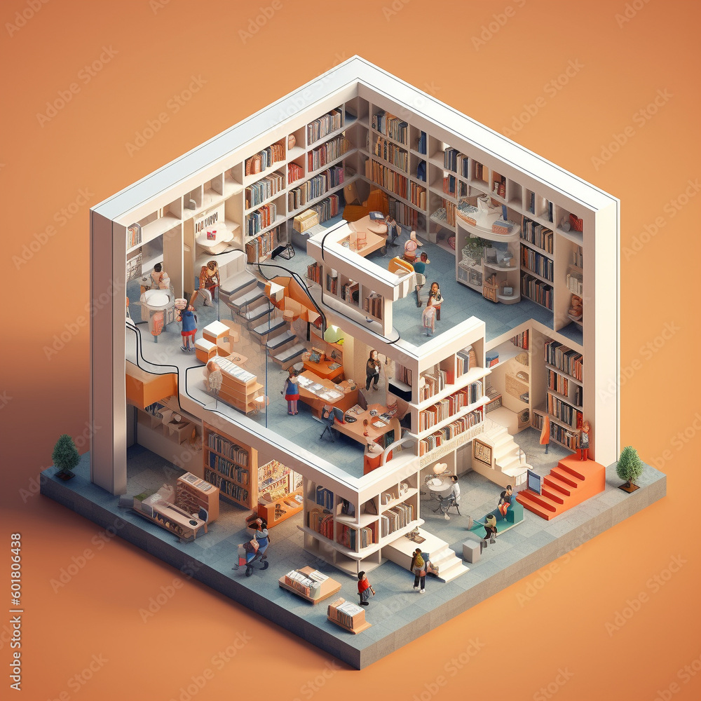 3D isometric illustration of a library created with generative AI software 3D isometric illustration of a library created with generative AI software
