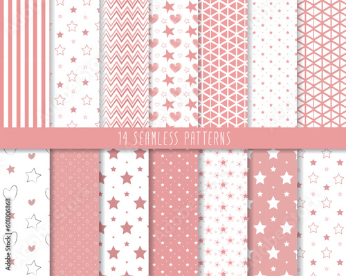 Scrapbook seamless pattern. Vector. Cute pink geometric background. Set textures with polka dot, stripe, zigzag, flower, star, check. Pastel illustration. Abstract retro print. Trendy pink backdrop.