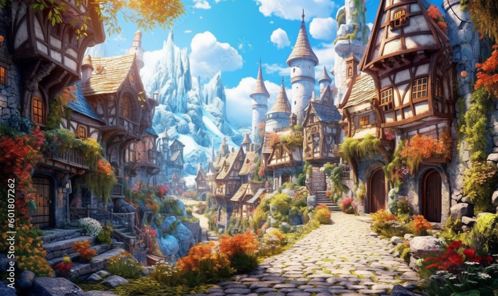 Obraz premium mittelalterliches Fantasiedorf. generative KI