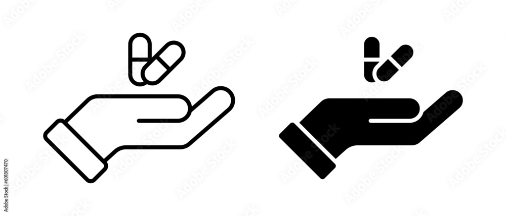 Obraz premium Hand with pill vector icon set. Drug symbol. Medicament and pharmaceutical sign