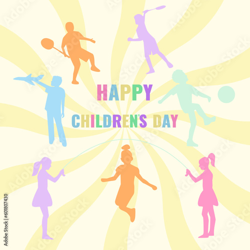Happy Children s Day. Bright multicolored flat social logo design. Colorful silhouettes of joyful playing children illustration for International Children s Day. Vector inscription and silhouettes of 