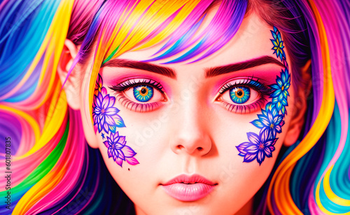 Portrait of a handsome young woman with colorful hair and tattoos on face and body. Generative AI.