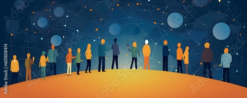 Illustration of people standing around a network, showcasing technology. Dark sky-blue and amber colors with circular shapes and flatness of space. Nonrepresentational forms with a neo-concrete and po photo