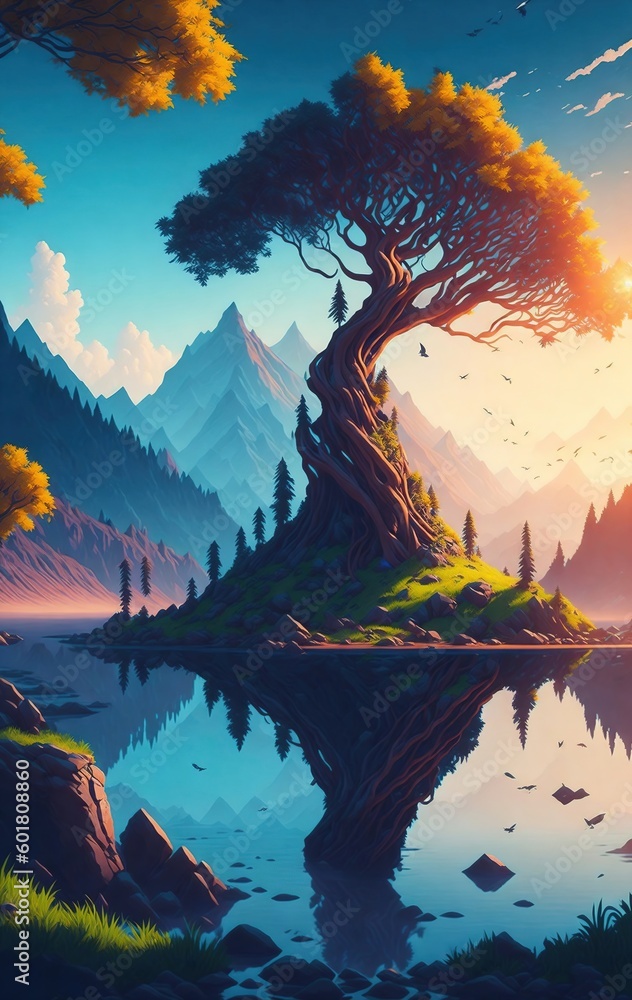 Fantasy Hand Drawn Landscape With Mountains and Trees