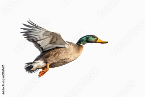 Male mallard in flight, showcasing the vibrant colors and natural beauty of the bird, isolated on a white background, generative ai