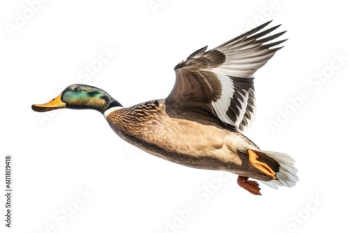 Male mallard in flight, showcasing the vibrant colors and natural beauty of the bird, isolated on a white background, generative ai photo