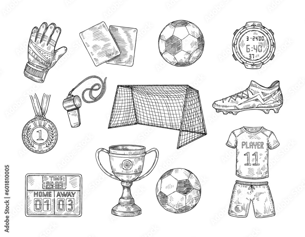 Sketch football elements. Hand drawn soccer ball, sports uniform, championship cup and soccer goal vector illustration set - obrazy, fototapety, plakaty 