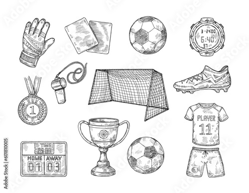 Sketch football elements. Hand drawn soccer ball, sports uniform, championship cup and soccer goal vector illustration set