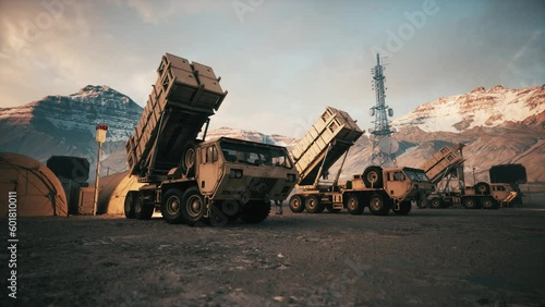 Military air defense battery. Anti missile defense system. 3d animation