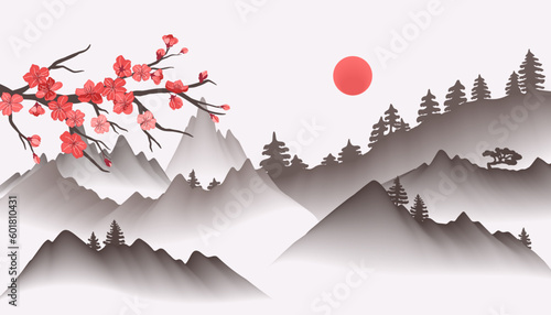 Chinese landscape painting. Oriental asian background with foggy mountains and sakura blossom branch vector illustration
