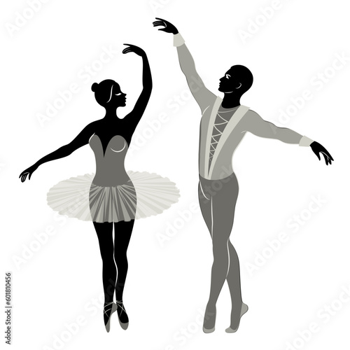 Silhouette of a cute lady and youth, they dance ballet. The woman and the man have beautiful slender figures. Girl ballerina and boyfriend dancer. Ballet dancer. Vector illustration