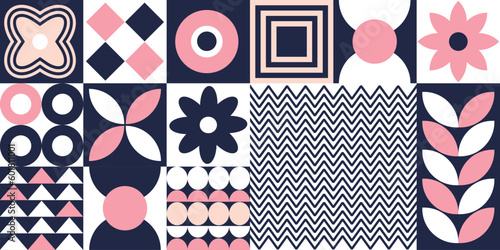 Floral Bauhaus Pattern. Retro geometric shapes poster in pink white navy blue elements vector illustration