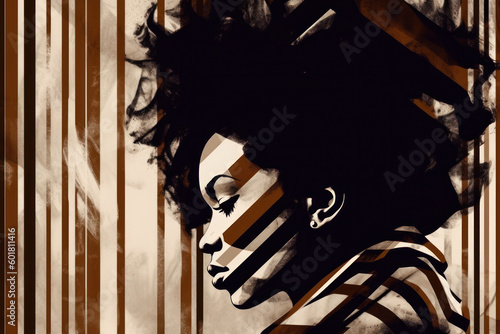 Generative AI sepia and brown colored illustration of thoughtful young African American female with dark hair looking away photo