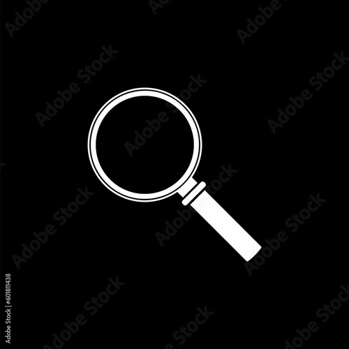 Magnifier symbol isolated on black background. 