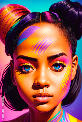 Portrait of a handsome young african american woman with colorful hair and tattoos on face and body. Generative AI.