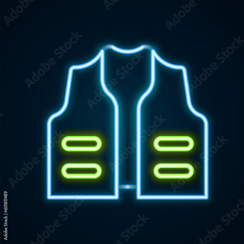 Glowing neon line Fishing jacket icon isolated on black background. Fishing vest. Colorful outline concept. Vector