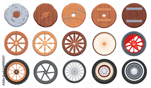 Ancient wheel. Wooden wheelbarrow, rusty wagon and old stone wheels. Retro car tires cartoon vector game design assets set