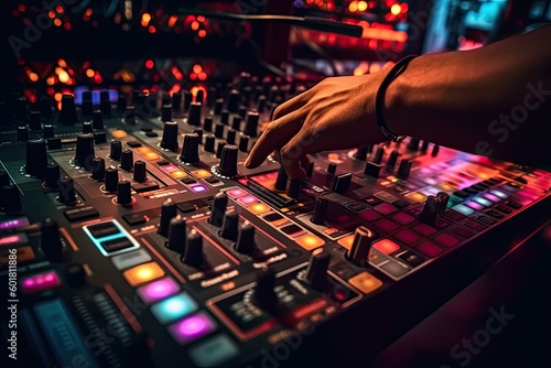 Close-up of DJ's hand on mixer in club (Generative AI, Generativ, KI)