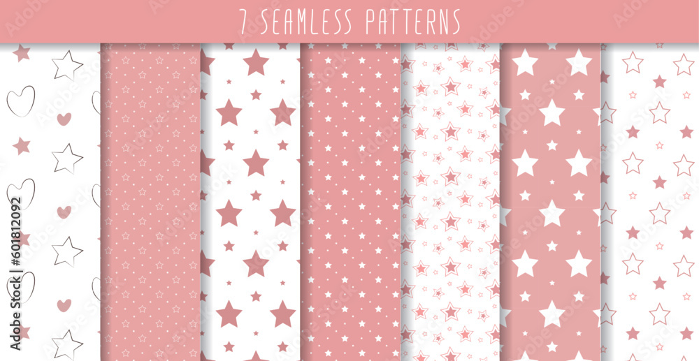 Scrapbook seamless pattern. Vector. Cute pink geometric background. Set textures with polka dot, stripe, zigzag, flower, star, check. Pastel illustration. Abstract retro print. Trendy pink backdrop.
