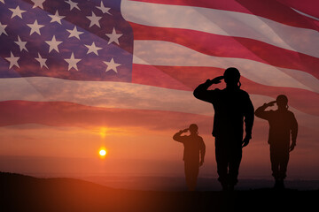 Silhouettes of soldiers saluting on background of sunset or sunrise and USA flag. Greeting card for Veterans Day, Memorial Day, Independence Day. America celebration.