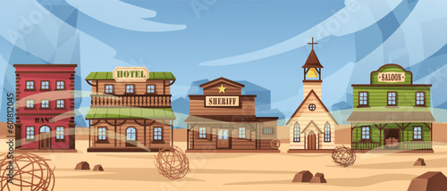 Wild west town. Western America street with old wooden church, rustic hotel, saloon and bank buildings. Cowboy city cartoon vector background illustration