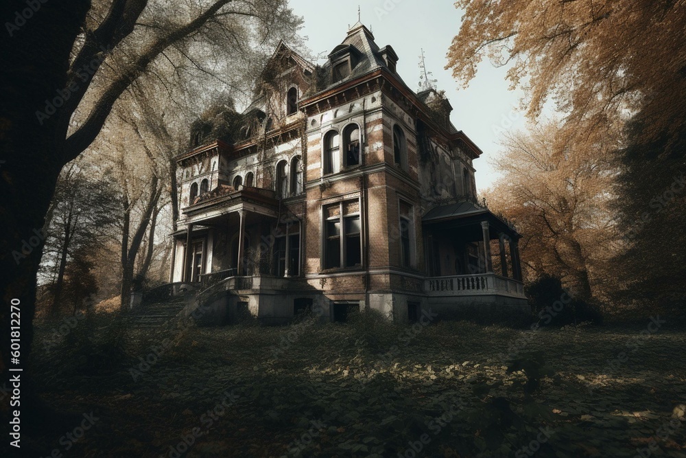 Spooky mansion surrounded by trees. Generative AI