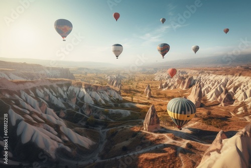Colorful balloons soar above majestic canyons. Generative AI