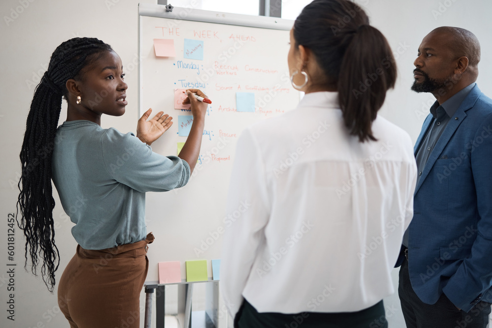 Fototapeta premium Black woman, business schedule and whiteboard writing for company planning with sticky notes. African female employee, startup meeting and collaboration of staff working with teamwork or conversation
