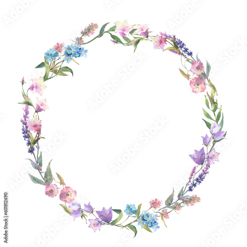 Floral wreath. Watercolor field flower round frame. Wildflowers isolated on white background. Meadow flowers circle border.