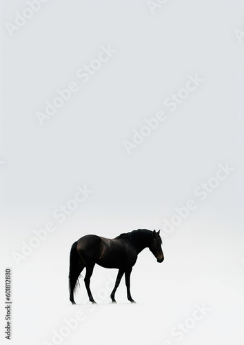 A majestic black horse standing in a mysterious foggy field. Generative ai