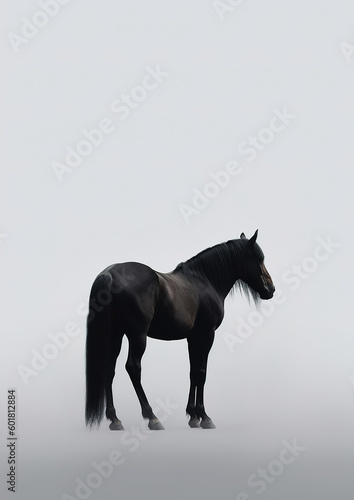 A majestic black horse standing in a mysterious foggy field. Generative ai © Lukas Juszczak