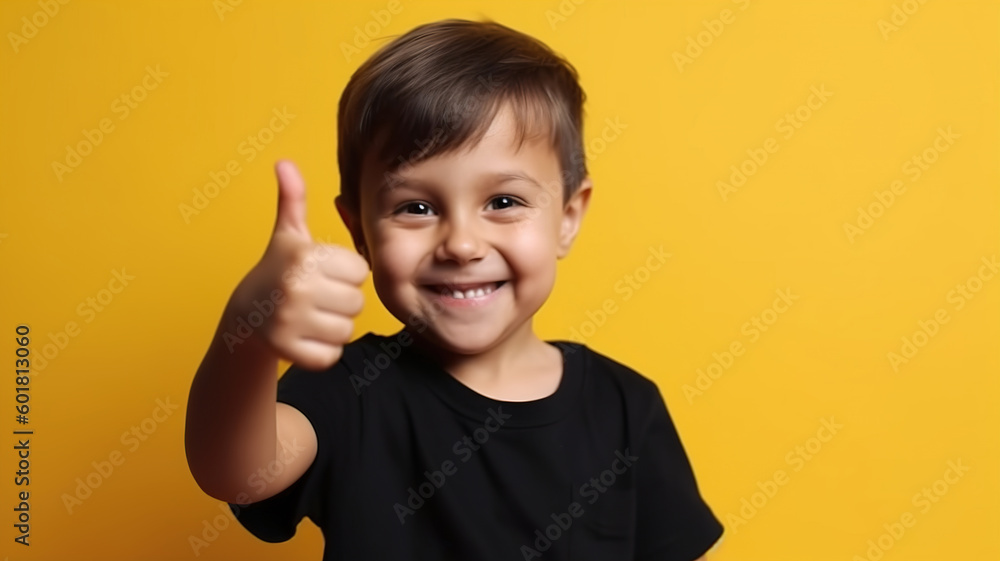Smiling Happy little kid boy Showing thumb up. Casual clothes isolated on orange wall background studio portrait. Excited school child. Childhood lifestyle concept. Mock-up copy space. generative ai Smiling Happy little kid boy Showing thumb up. Casual clothes isolated on orange wall background studio portrait. Excited school child. Childhood lifestyle concept. Mock-up copy space. generative ai