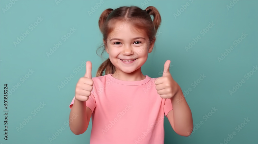 Smiling Happy little kid girl Showing thumb up. Casual clothes isolated on blue wall background studio portrait. Excited school girl. Childhood lifestyle concept. Mock-up copy space. generative ai Smiling Happy little kid girl Showing thumb up. Casual clothes isolated on blue wall background studio portrait. Excited school girl. Childhood lifestyle concept. Mock-up copy space. generative ai
