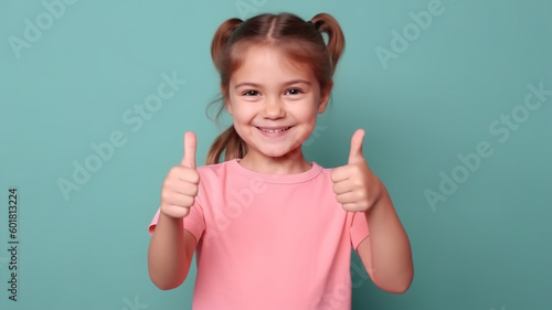 Smiling Happy little kid girl Showing thumb up. Casual clothes isolated on blue wall background studio portrait. Excited school girl. Childhood lifestyle concept. Mock-up copy space. generative ai