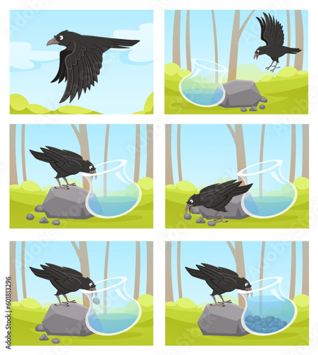 Thirsty crow. Tale of smart black crow and jug of water. Clever bird throws stones into jug to drink cartoon vector story illustration