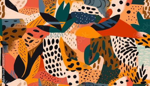 Abstract hand drawn exotic print. Modern collage with different shapes and textures. Creative template for design. Groovy African style pattern