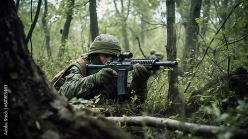 Soldier with a rifle in the woods. Ukrainian soldier attacking enemy positions, military camouflage uniform and helmet. generative ai