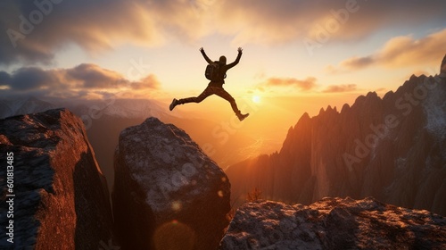 silhouette of a person jumping from mountain top. Generative ai photo