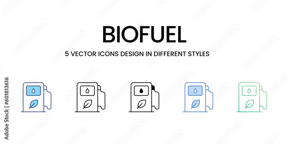 Biofuel Icon Design in Five style with Editable Stroke. Line, Solid, Flat Line, Duo Tone Color, and Color Gradient Line. Suitable for Web Page, Mobile App, UI, UX and GUI design.