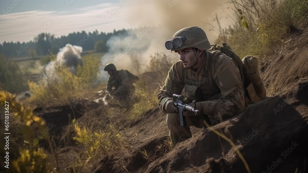 Soldier with a rifle on the battlefield. Ukrainian soldiers attacking enemy positions, military camouflage uniform and helmet. generative ai