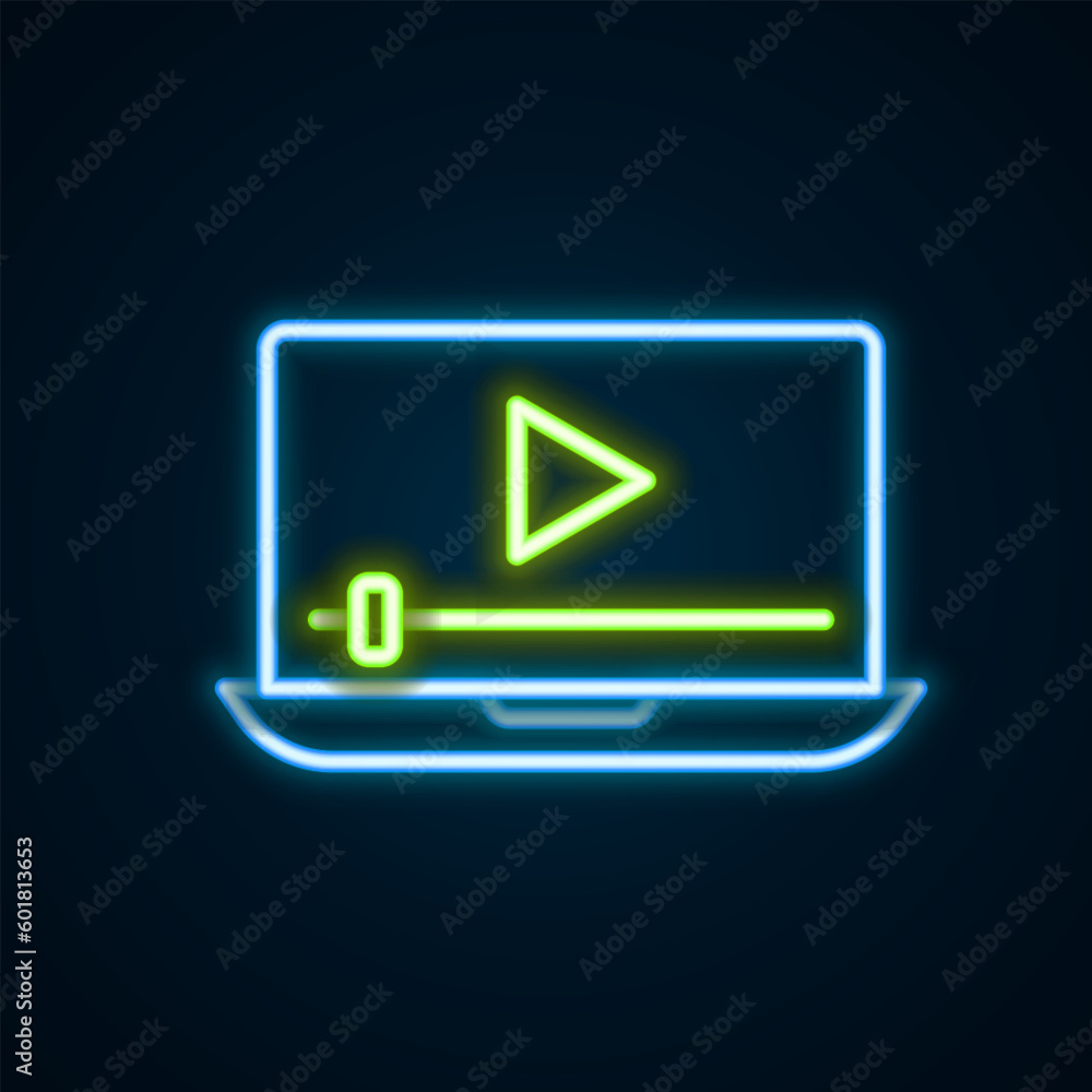 Glowing neon line Online play video icon isolated on black background. Laptop and film strip with play sign. Colorful outline concept. Vector Glowing neon line Online play video icon isolated on black background. Laptop and film strip with play sign. Colorful outline concept. Vector