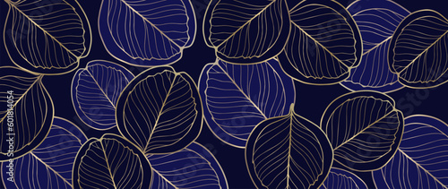 Blue luxury botanical background with golden eucalyptus leaves. Background for decor, covers, wallpapers, postcards and presentations