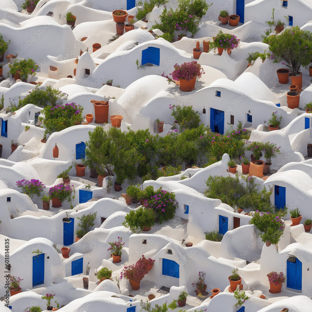 Fototapeta premium Greek island village, seamless pattern, Generative AI